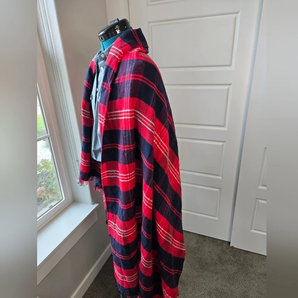LOFT OVERSIZE RED & BLUE PLAID BLANKET SCARF SHAWL WRAP COTTON BLEND WOMEN OS